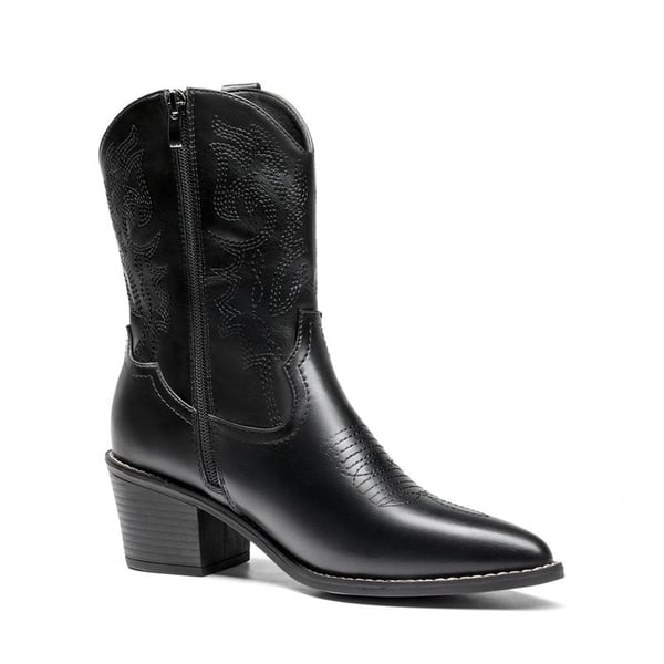Western Chunky Heel Cowboy Ankle Boots - BLACK - 2